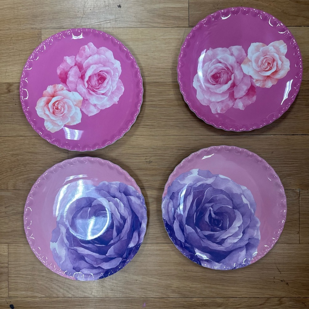 Pink and Purple Floral Plates Set 4/ thick, scalloped edge 8.5” plates set